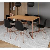 Mesa Jantar Industrial Retangular 137X90Cm Canela Base V Com 6 Cadeiras Pretas Base Cob Cor: Canela Mesa Jantar Industrial Retangular 137X90Cm Canela Base V Com 6 Cadeiras Pretas Base Cob Cor: Canela