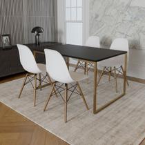 Mesa Jantar Industrial Retangular 137x90cm Preta Base Dourada com 4 Cadeiras Eames Eiffel Madeira Br