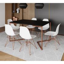 Mesa Jantar Industrial Retangular 137x90cm Preta Base V com 6 Cadeiras Eames Eiffel Brancas Base Cob