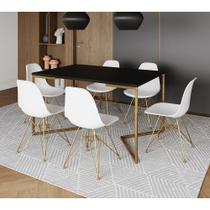 Mesa Jantar Industrial Retangular 137x90cm Preta Base V com 6 Cadeiras Eames Eiffel Brancas Base Dou