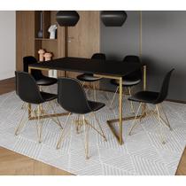 Mesa Jantar Industrial Retangular 137x90cm Preta Base V com 6 Cadeiras Eames Eiffel Pretas Base Dour