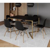 Mesa Jantar Industrial Retangular 137x90cm Preta Base V Dourada com 6 Cadeiras Eames Eiffel Madeira