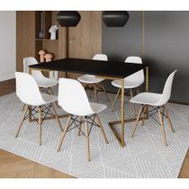 Mesa Jantar Industrial Retangular 137x90cm Preta Base V Dourada com 6 Cadeiras Eames Eiffel Madeira Mesa Jantar Industrial Retangular 137x90cm Preta Base V Dourada com 6 Cadeiras Eames Eiffel Madeira
