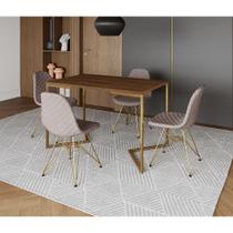 Mesa Jantar Industrial Retangular Amêndoa 120x75 Base V com 4 Cadeiras Estofada Nude Médio Aço Doura