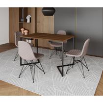 Mesa Jantar Industrial Retangular Amêndoa 120x75 Base V com 4 Cadeiras Estofadas Nude Médio Aço Pret