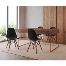 Mesa Jantar Industrial Retangular Amêndoa 137X90Cm Base Cobre Com 4 Cadeiras Pretas Cor: Amendoa