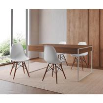 Mesa Jantar Industrial Retangular Amêndoa 137X90Cm Base Ferro Branco C/4 Cadeiras Branc Amendoa