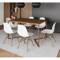 Mesa Jantar Industrial Retangular Amêndoa 137X90Cm Base V Cobre C/6 Cadeiras Brancas Cor: Amendoa