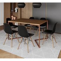 Mesa Jantar Industrial Retangular Amêndoa 137x90cm Base V Cobre com 6 Cadeiras Eames Eiffel Pretas M