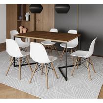 Mesa Jantar Industrial Retangular Amêndoa 137X90Cm Base V Ferro Preto C/6 Cadeiras Branca Ma Amendoa
