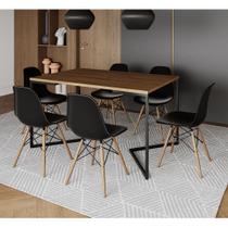 Mesa Jantar Industrial Retangular Amêndoa 137x90cm Base V Ferro Preto com 6 Cadeiras Preta Eames Mad Mesa Jantar Industrial Retangular Amêndoa 137x90cm Base V Ferro Preto com 6 Cadeiras Preta Eames Mad