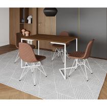 Mesa Jantar Industrial Retangular Base V 120x75cm Amêndoa com 4 Cadeiras Estofadas Caramelo Aço Bran