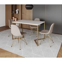 Mesa Jantar Industrial Retangular Branca 120x75 Base V C/ 4 Cadeiras Estofada Nude Claro Aço Dourado