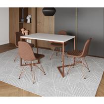Mesa Jantar Industrial Retangular Branca 120x75 Base V com 4 Cadeiras Estofadas Caramelo Base Cobre