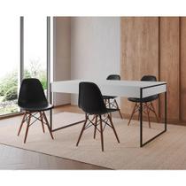 Mesa Jantar Industrial Retangular Branca 137X90Cm Base Ferro Preto C/4 Cadeiras Pretas Cor: Branco