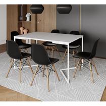 Mesa Jantar Industrial Retangular Branca 137x90cm Base V Ferro Branco com 6 Cadeiras Preta Eames Mad