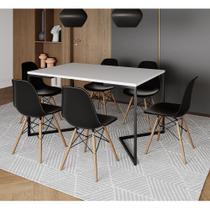 Mesa Jantar Industrial Retangular Branca 137x90cm Base V Ferro Preto com 6 Cadeiras Preta Eames Made