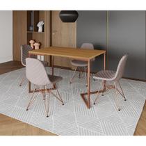 Mesa Jantar Industrial Retangular Canela 120x75 Base V com 4 Cadeiras Estofadas Nude Médio Base Cobr