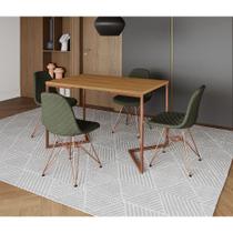 Mesa Jantar Industrial Retangular Canela 120x75 Base V com 4 Cadeiras Estofadas Verdes Base Cobre