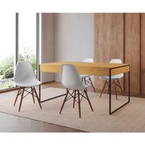 Mesa Jantar Industrial Retangular Canela 137X90Cm Base Ferro Preto C/4 Cadeiras Brancas Cor: Canela