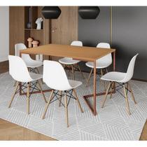 Mesa Jantar Industrial Retangular Canela 137X90Cm Base V Cobre Com 6 Cadeiras Brancas M Cor: Canela
