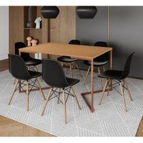 Mesa Jantar Industrial Retangular Canela 137x90cm Base V Cobre com 6 Cadeiras Eames Eiffel Pretas Ma Mesa Jantar Industrial Retangular Canela 137x90cm Base V Cobre com 6 Cadeiras Eames Eiffel Pretas Ma