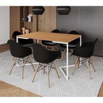 Mesa Jantar Industrial Retangular Canela 137X90Cm Base V Ferro Branco C/6 Poltronas Preta Ma Canela