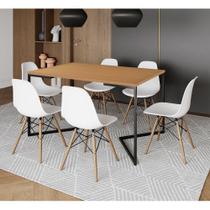 Mesa Jantar Industrial Retangular Canela 137X90Cm Base V Ferro Preto C/6 Cadeiras Branca Mad Canela