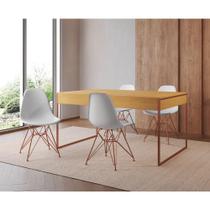 Mesa Jantar Industrial Retangular Canela 137X90Cm Com 4 Cadeiras Brancas Base Cobre Cor: Canela