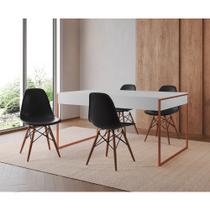 Mesa Jantar Industrial Retangular Filadélfia Branca 137x90cm Base Cobre com 4 Cadeiras Pretas Eiffel