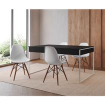 Mesa Jantar Industrial Retangular Filadélfia Preta 137x90cm Base Ferro Branco com 4 Cadeiras Brancas Mesa Jantar Industrial Retangular Filadélfia Preta 137x90cm Base Ferro Branco com 4 Cadeiras Brancas