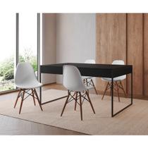 Mesa Jantar Industrial Retangular Filadélfia Preta 137x90cm Base Ferro Preto com 4 Cadeiras Brancas