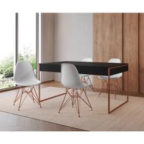 Mesa Jantar Industrial Retangular Filadélfia Preta 137x90cm com 4 Cadeiras Brancas Eames Base Cobre Mesa Jantar Industrial Retangular Filadélfia Preta 137x90cm com 4 Cadeiras Brancas Eames Base Cobre
