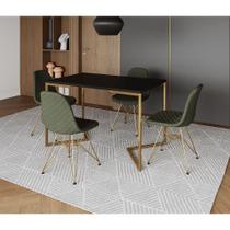 Mesa Jantar Industrial Retangular Preta 120x75 Base V + 4 Cadeiras Estofada Eames Verdes Aço Dourado