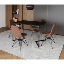 Mesa Jantar Industrial Retangular Preta 120x75 Base V C/ 4 Cadeiras Estofada Eiffel Caramelo Aço Pre