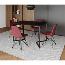 Mesa Jantar Industrial Retangular Preta 120x75 Base V C/ 4 Cadeiras Estofadas Eiffel Vermelha Aço Pr