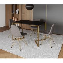 Mesa Jantar Industrial Retangular Preta 120x75 Base V com 4 Cadeiras Estofadas Grafite Aço Dourado