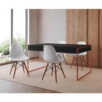 Mesa Jantar Industrial Retangular Preta 137X90Cm Base Cobre Com 4 Cadeiras Brancas Cor: Preto Mesa Jantar Industrial Retangular Preta 137X90Cm Base Cobre Com 4 Cadeiras Brancas Cor: Preto