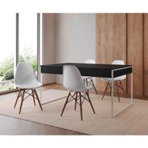 Mesa Jantar Industrial Retangular Preta 137X90Cm Base Ferro Branco C/4 Cadeiras Brancas Cor: Preto