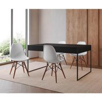 Mesa Jantar Industrial Retangular Preta 137X90Cm Base Ferro Preto C/4 Cadeiras Brancas Cor: Preto