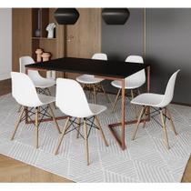 Mesa Jantar Industrial Retangular Preta 137x90cm Base V Cobre com 6 Cadeiras Eames Eiffel Brancas Ma