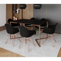 Mesa Jantar Industrial Retangular Preta 137x90cm Base V Cobre com 6 Poltronas Pretas Eames Eiffel Ba