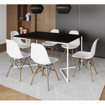 Mesa Jantar Industrial Retangular Preta 137x90cm Base V Ferro Branco com 6 Cadeiras Branca Eames Mad
