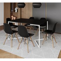 Mesa Jantar Industrial Retangular Preta 137x90cm Base V Ferro Branco com 6 Cadeiras Preta Eames Made