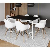 Mesa Jantar Industrial Retangular Preta 137x90cm Base V Ferro Branco com 6 Poltronas Eiffel Branca M