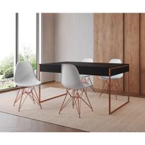 Mesa Jantar Industrial Retangular Preta 137X90Cm Com 4 Cadeiras Brancas Base Cobre Cor: Preto