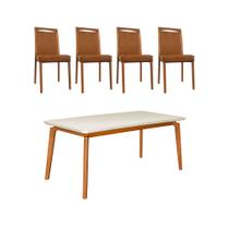 Mesa Jantar Jade 160x90cm Off White com 4 Cadeiras Estofadas em Couro Pu Caramelo Madeira Maciça Mel