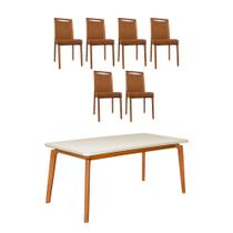 Mesa Jantar Jade 160x90cm Off White com 6 Cadeiras Estofadas em Couro Pu Caramelo Madeira Maciça Mel