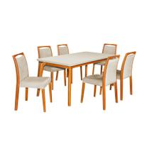 Mesa Jantar Jade 160x90cm Off White com 6 Cadeiras Estofadas Linho Bege Base Madeira Maciça Mel