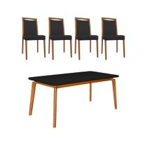 Mesa Jantar Jade 160x90cm Preto com 4 Cadeiras Estofadas em Couro Pu Preta Base Madeira Maciça Mel